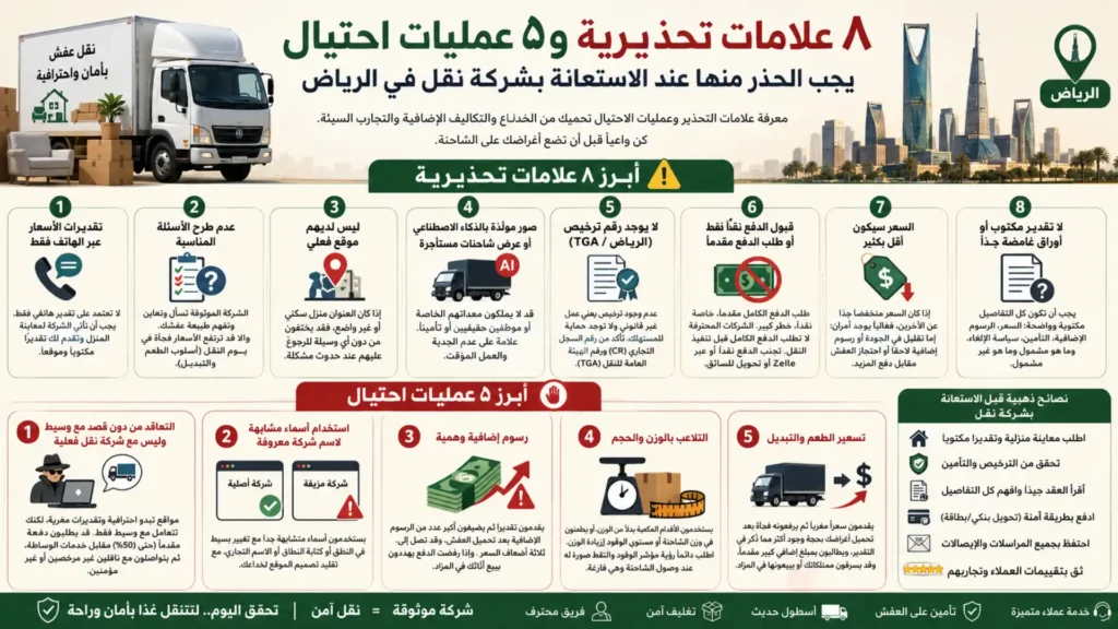 صورة عن عمليات الاحتيال والعلامات التحذيرية المتعلقة بشركات النقل في الرياض. تعرض ٨ علامات تحذيرية و٥ عمليات احتيال يجب تجنبها، كما تقدم نصائح للتعاقد الآمن.